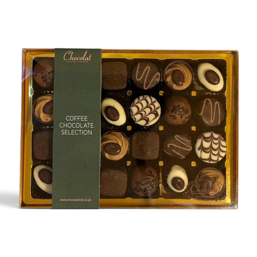 Chocolat in Kirkby Lonsdale gift box of 24 assorted coffee-flavoured chocolates with dark, milk, and white coatings.
