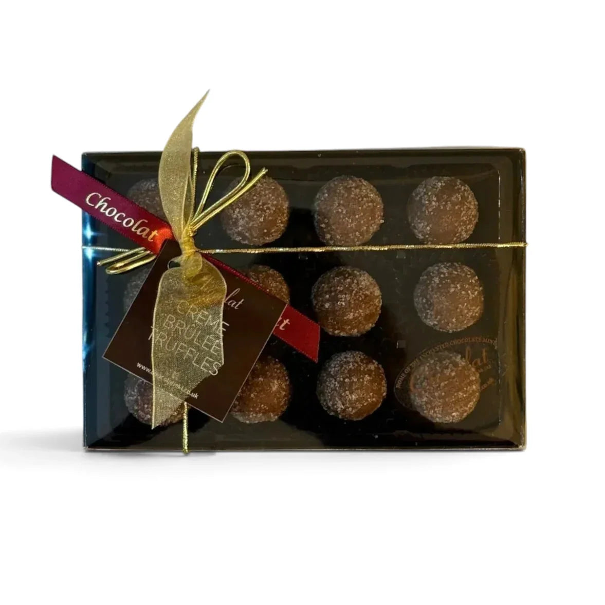 Chocolat in Kirkby Lonsdale gift box of 12 milk chocolate crème brûlée truffles with a sugar finish and gold ribbon
