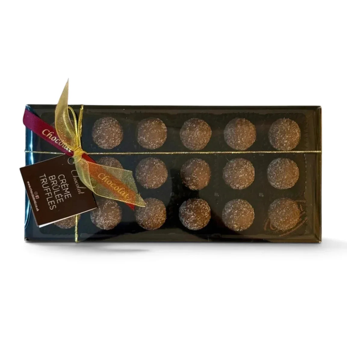 Chocolat in Kirkby Lonsdale gift box of 18 milk chocolate crème brûlée truffles with a sugar coating and gold ribbon.