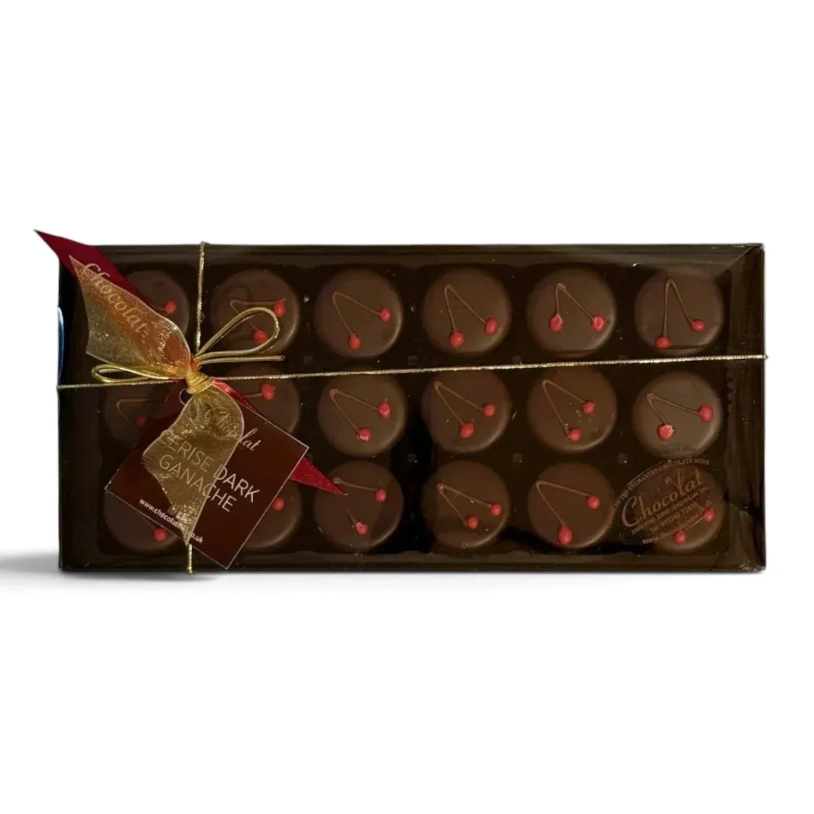 Chocolat in Kirkby Lonsdale gift box of 18 dark chocolate cerise ganache truffles with cherry detail