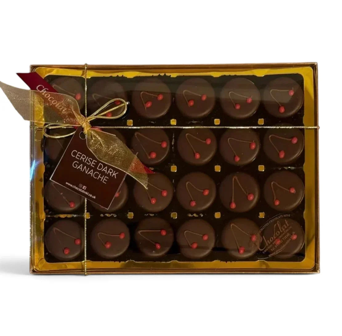 Chocolat in Kirkby Lonsdale gift box of 24 dark chocolate cerise ganache truffles with cherry decoration