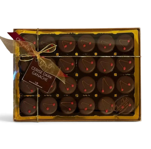 Chocolat in Kirkby Lonsdale gift box of 24 dark chocolate cerise ganache truffles with cherry decoration