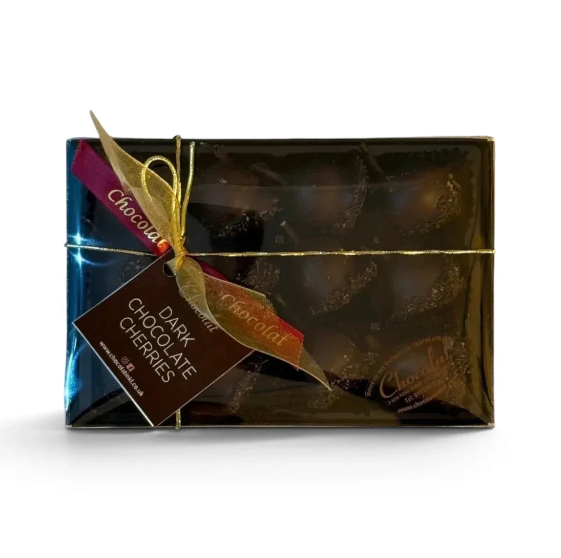 Chocolat in Kirkby Lonsdale gift box of 12 dark chocolate cherries soaked in Kirsch liqueur with a decorative ribbon