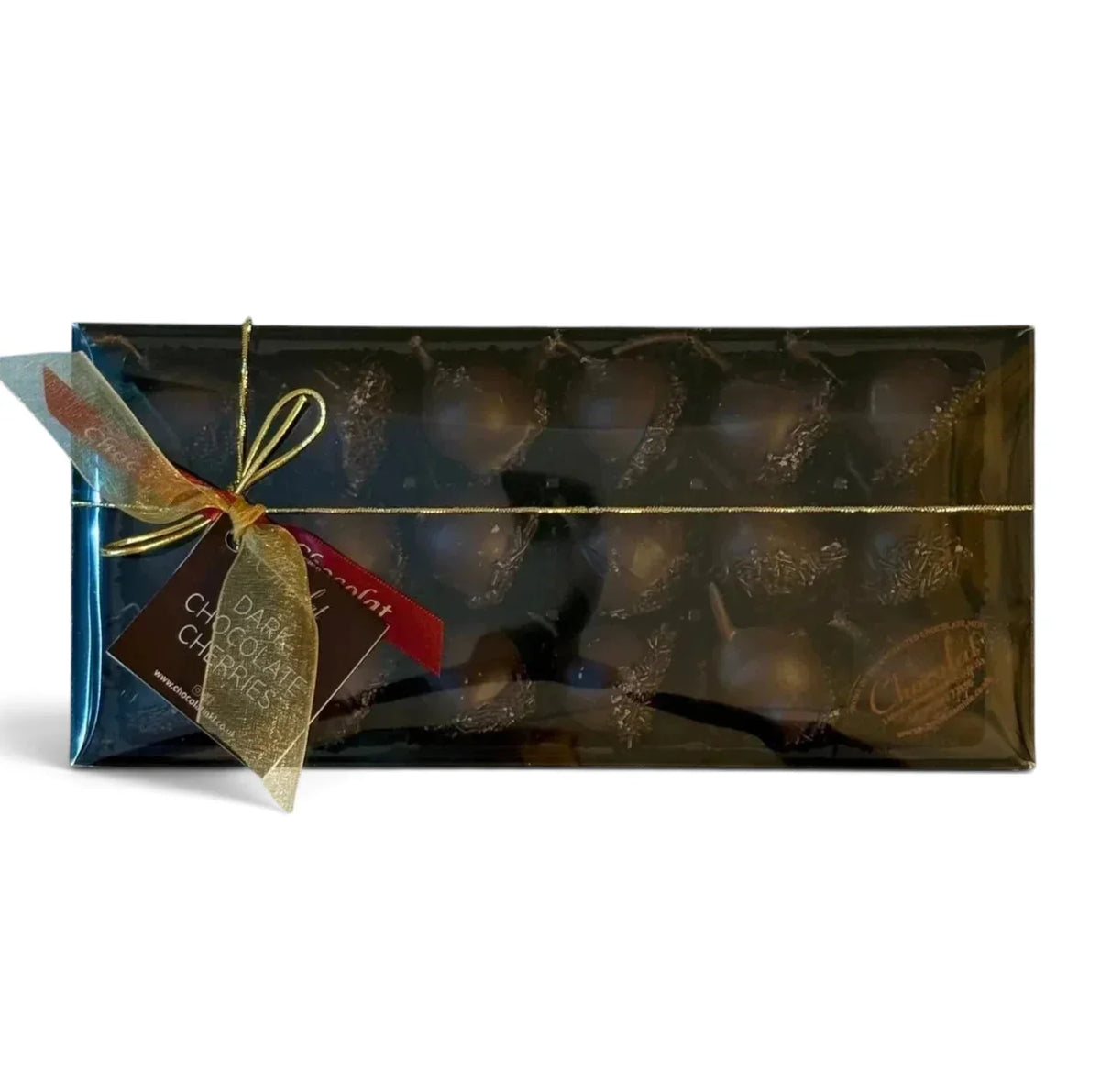 Chocolat in Kirkby Lonsdale gift box of 18 dark chocolate cherries soaked in Kirsch liqueur with gold ribbon tie.