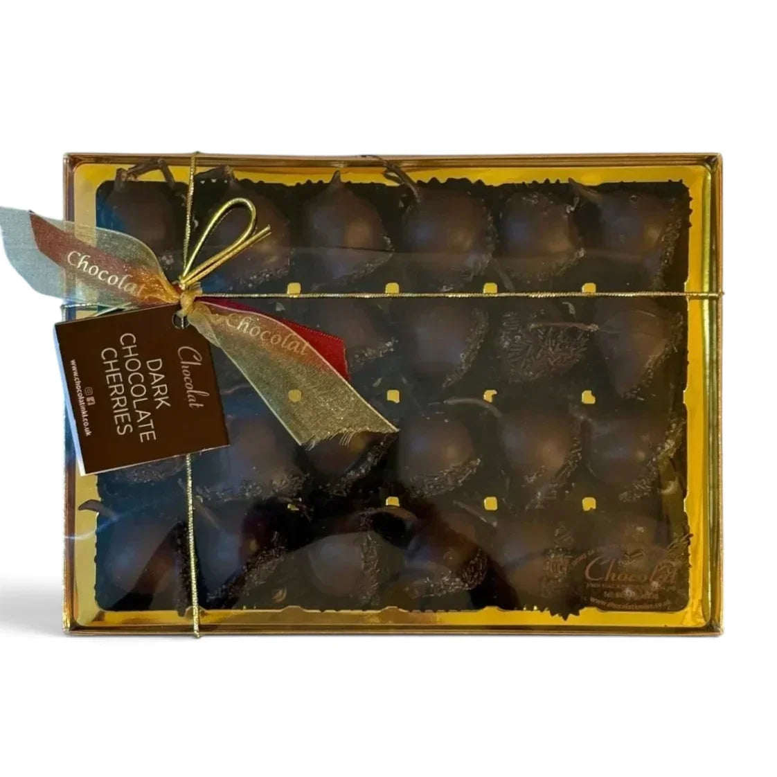 Chocolat in Kirkby Lonsdale gift box of 24 dark chocolate covered cherries soaked in Kirsch liqueur with gold ribbon