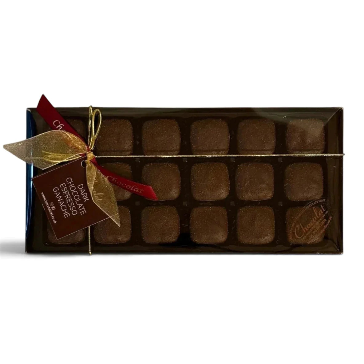 Chocolat in Kirkby Lonsdale gift box of 18 dark chocolate espresso ganache bites with a gold ribbon and gift tag.