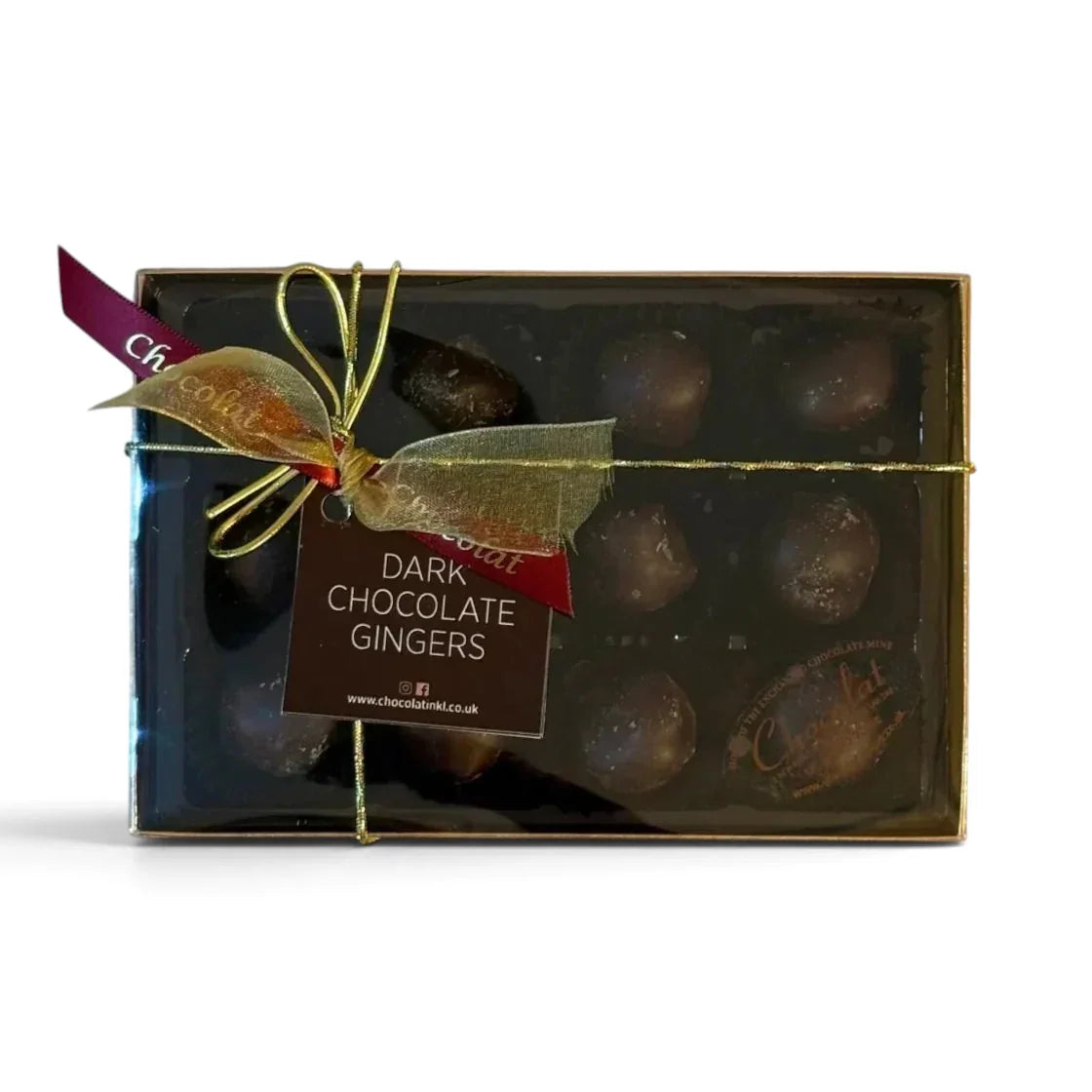 Chocolat in Kirkby Lonsdale gift box of 12 dark chocolate covered ginger pieces with a decorative gold ribbon