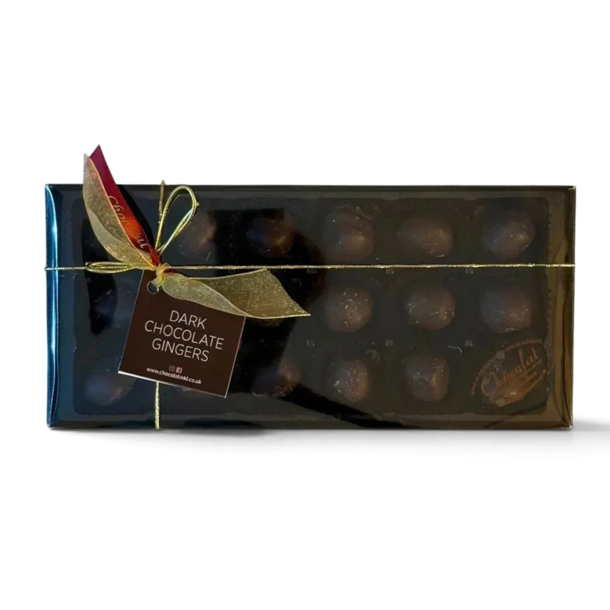 Chocolat in Kirkby Lonsdale gift box of 18 dark chocolate covered crystallised ginger pieces with a gold ribbon.