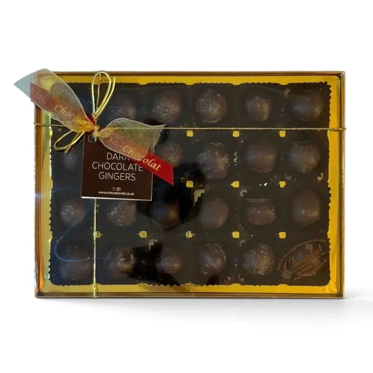 Chocolat in Kirkby Lonsdale gift box of 24 dark chocolate covered ginger pieces with a decorative gold ribbon