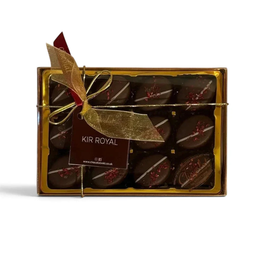 Chocolat in Kirkby Lonsdale gift box of 12 dark chocolate Kir Royal truffles with cassis and Champagne essence.