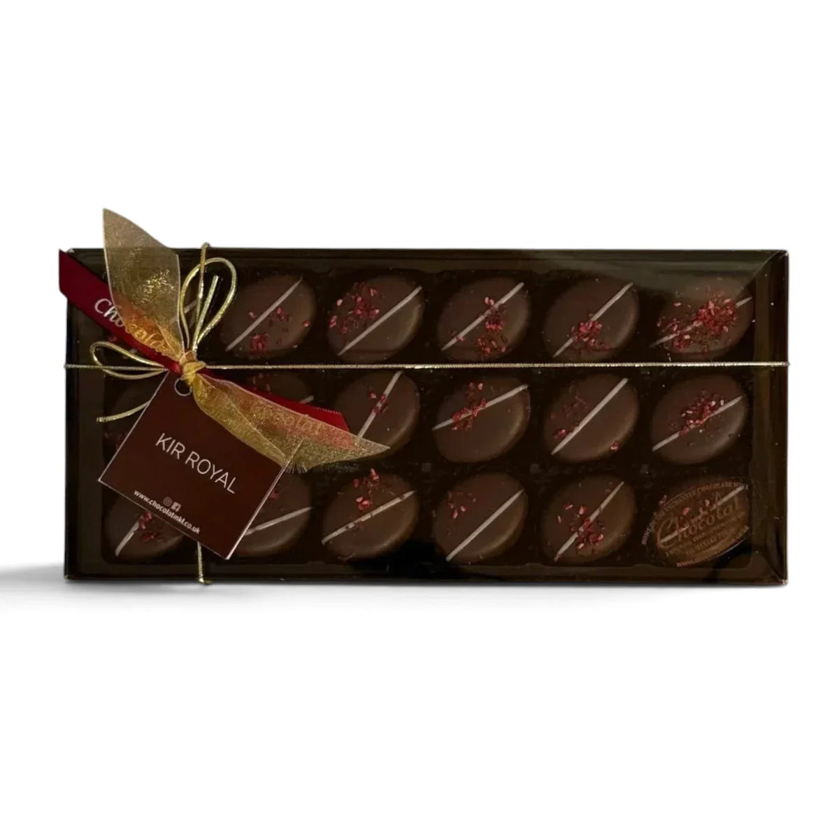 Chocolat in Kirkby Lonsdale gift box of 18 dark chocolate Kir Royal truffles with blackcurrant and champagne filling