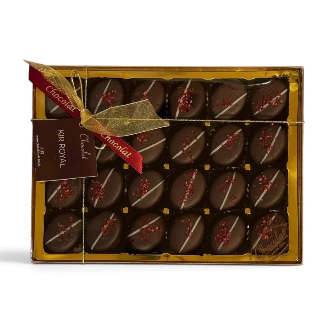 Chocolat in Kirkby Lonsdale gift box of 24 dark chocolate Kir Royal truffles with gold ribbon and red berry topping