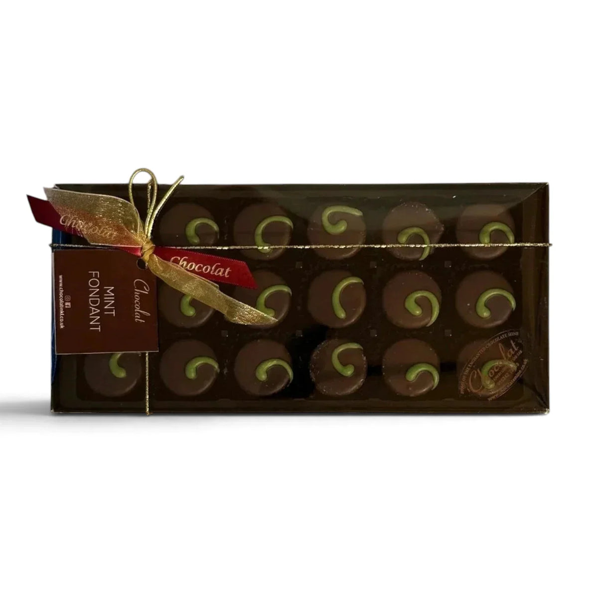 Chocolat in Kirkby Lonsdale gift box of 18 dark chocolate mint fondants with green swirls and a decorative gold ribbon