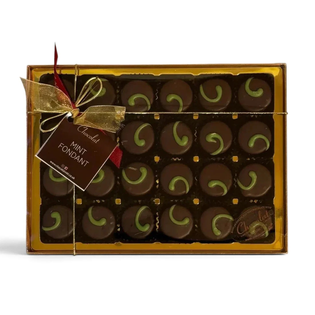 Chocolat in Kirkby Lonsdale gift box of 24 dark chocolate mint fondants with green swirl decoration and gold ribbon