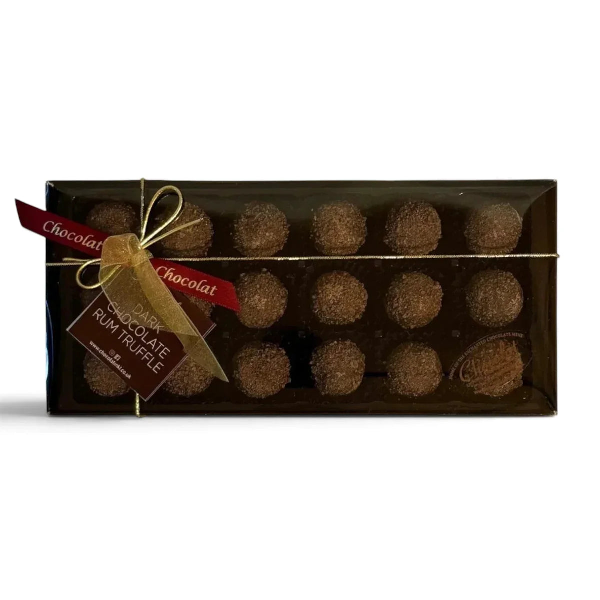 Chocolat in Kirkby Lonsdale gift box of 18 dark chocolate rum truffles with a gold ribbon and branded tag