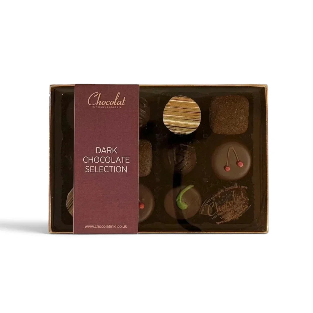 Chocolat in Kirkby Lonsdale dark chocolate gift box containing 12 assorted gourmet truffles and ganaches.