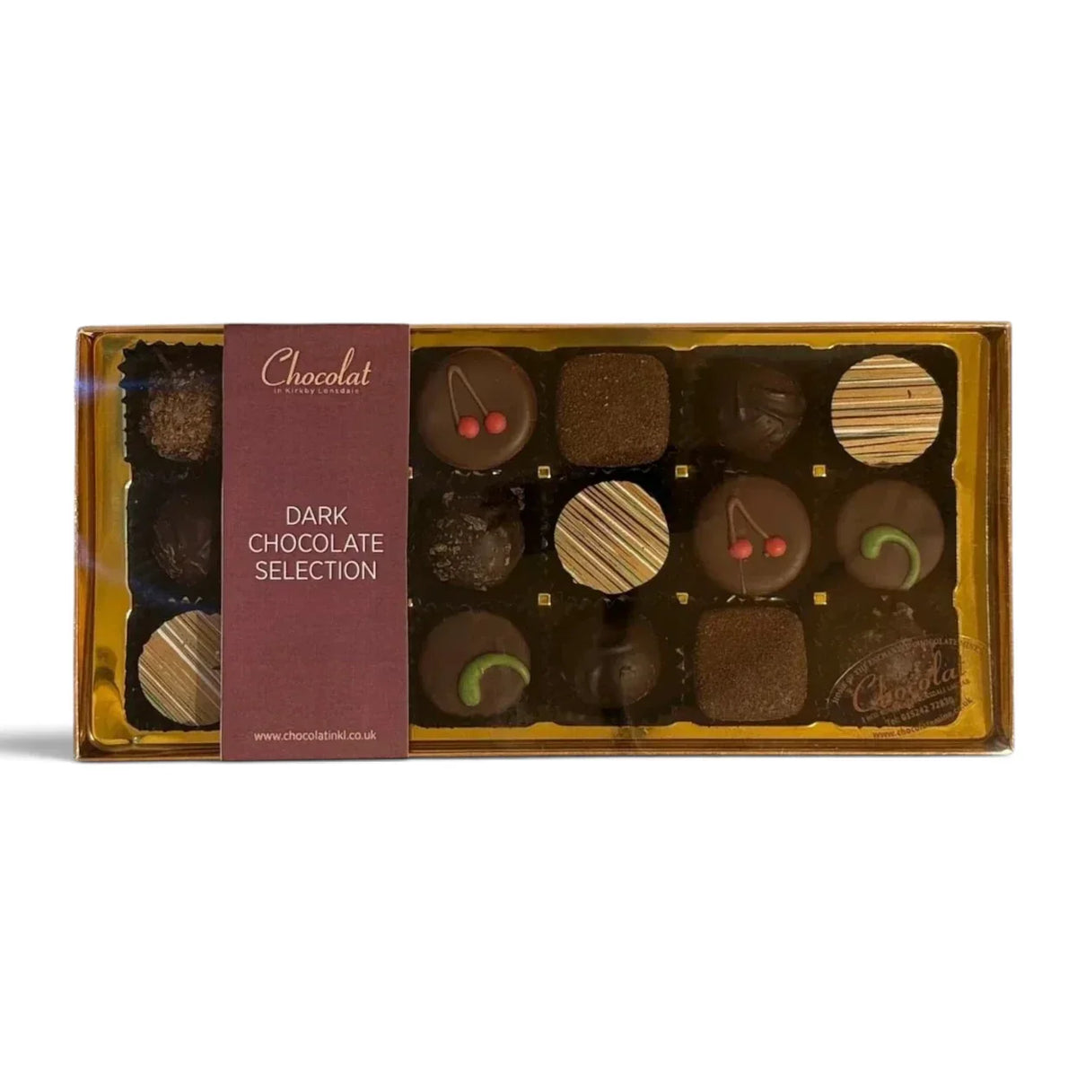 Chocolat in Kirkby Lonsdale dark chocolate gift box with 18 assorted truffles featuring cherry, lime, and espresso.