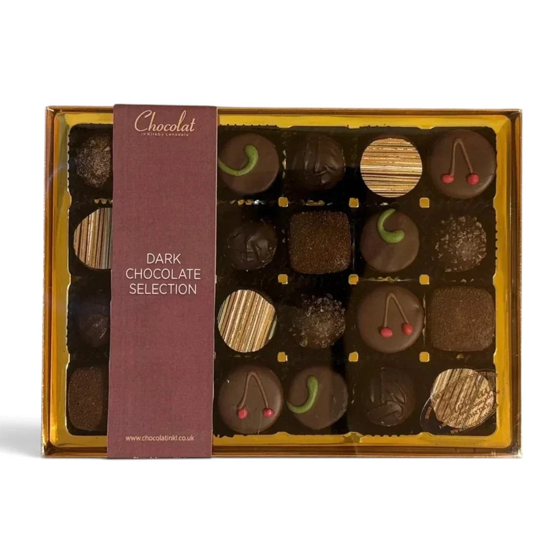 Chocolat in Kirkby Lonsdale gift box featuring 24 assorted dark chocolates with various ganache and truffle fillings.