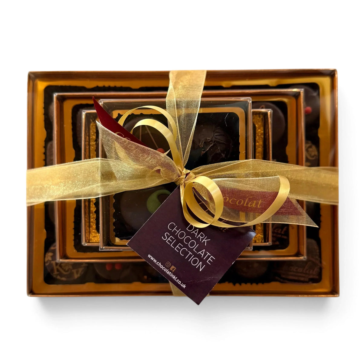 Chocolat in Kirkby Lonsdale luxury stack of 46 dark chocolates wrapped with a gold ribbon and branded gift tag