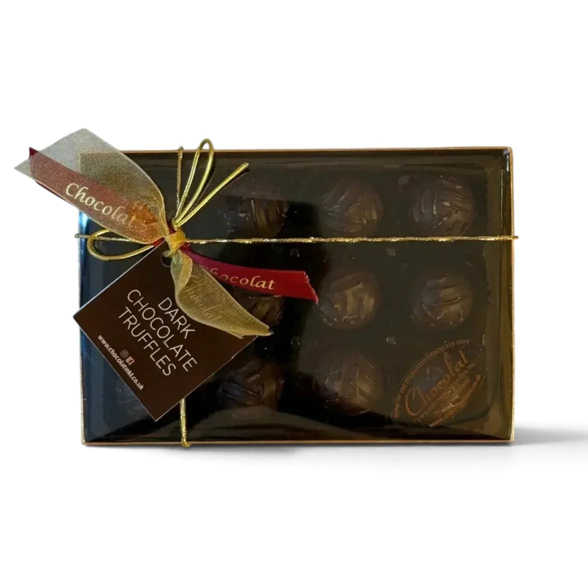 Chocolat in Kirkby Lonsdale gift box of 12 dark chocolate truffles with a decorative ribbon and branded tag