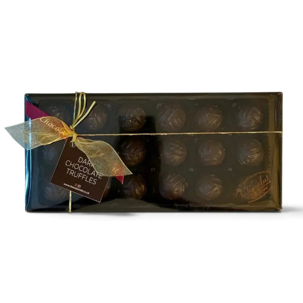 Chocolat in Kirkby Lonsdale gift box of 18 dark chocolate truffles with a gold ribbon and branded tag.