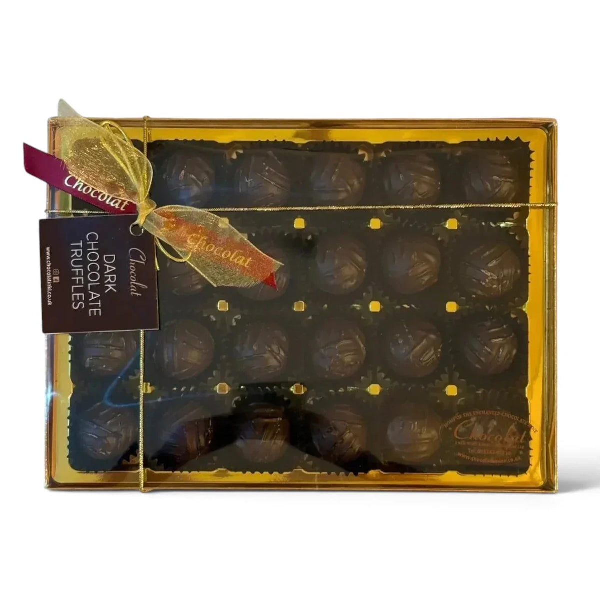 Chocolat in Kirkby Lonsdale gift box of 24 dark chocolate truffles with a gold ribbon and branded tag