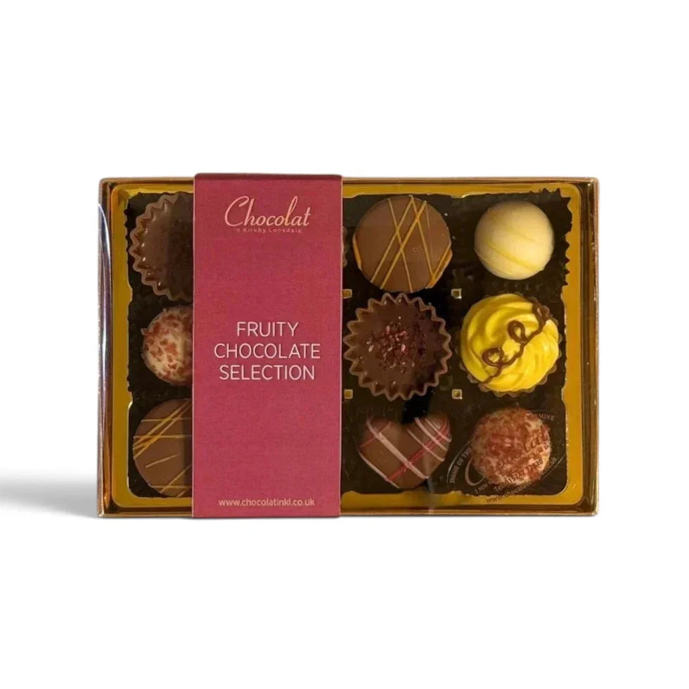 Chocolat in Kirkby Lonsdale fruity chocolate gift box with 12 assorted milk, dark, and white chocolate truffles.