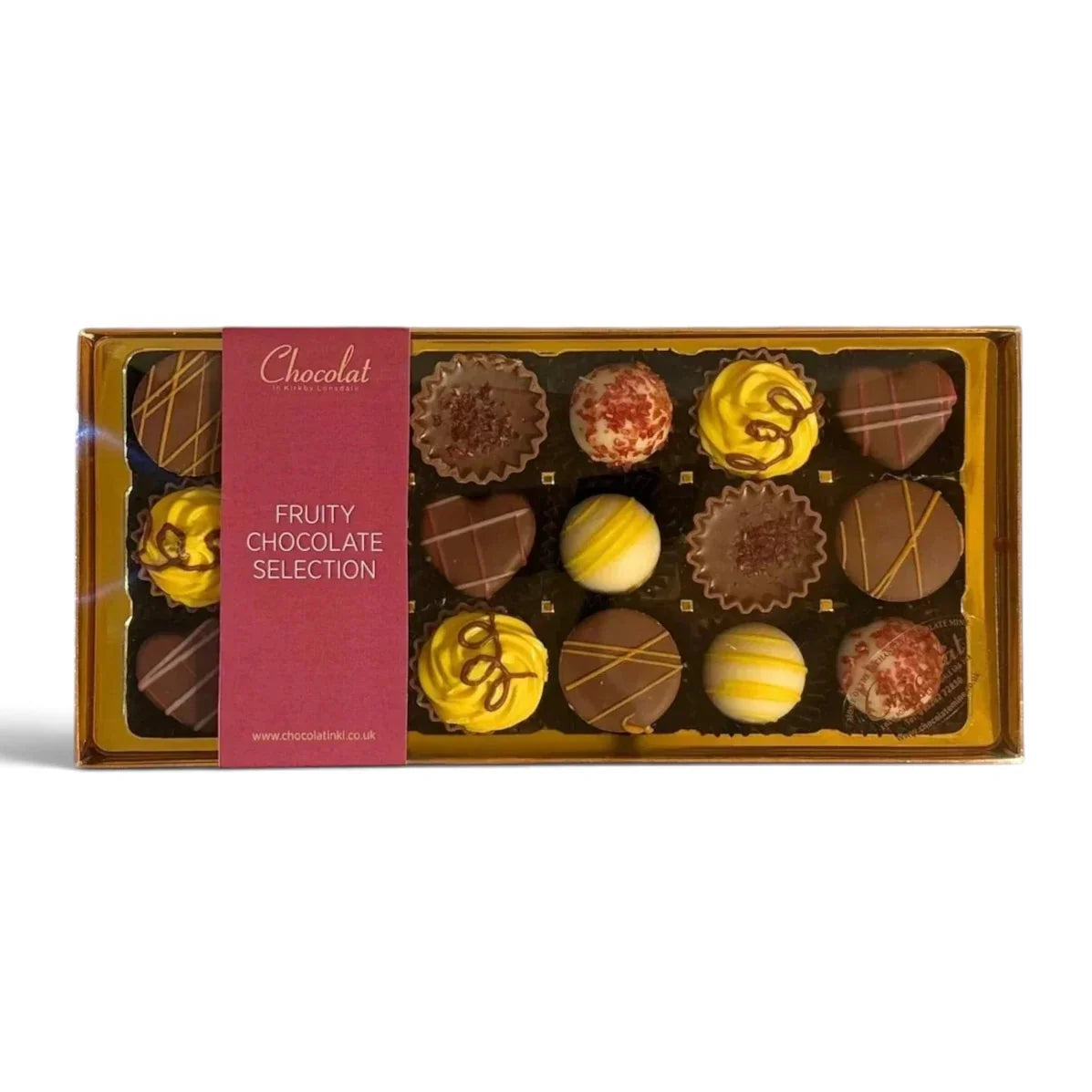 Chocolat in Kirkby Lonsdale gift box of 18 assorted fruit-inspired milk, dark, and white chocolates.