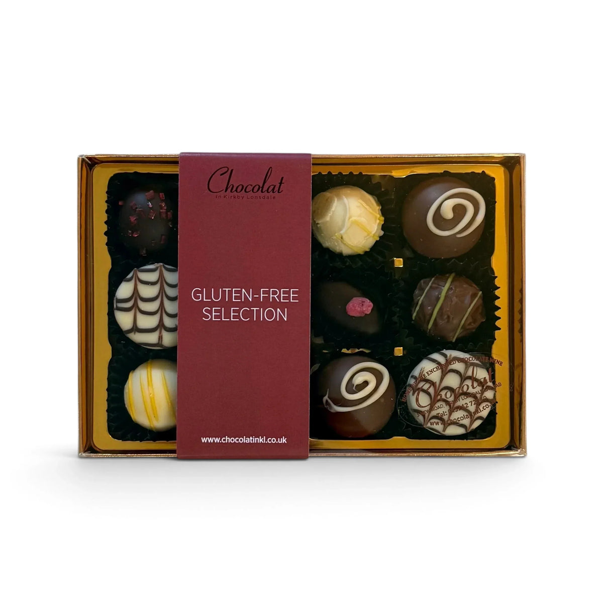 Chocolat in Kirkby Lonsdale gluten-free chocolate gift box featuring 12 assorted handcrafted truffles and pralines.