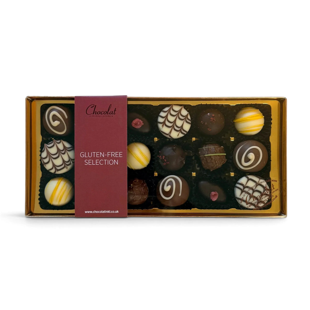 Chocolat in Kirkby Lonsdale gluten-free chocolate gift box featuring 18 assorted handcrafted truffles and ganaches.