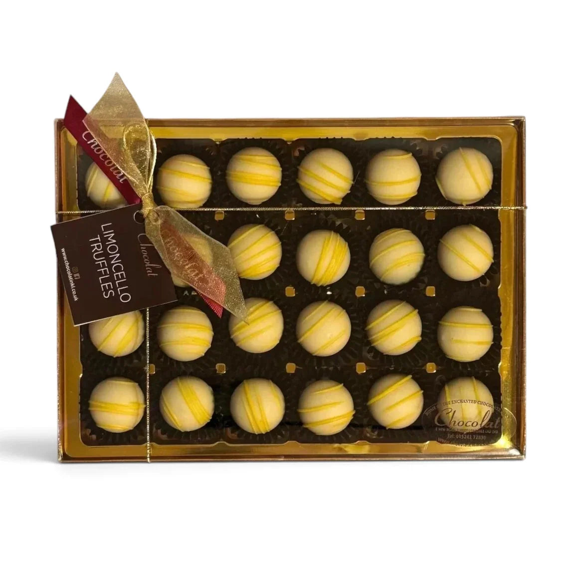 Chocolat in Kirkby Lonsdale gift box of 24 handcrafted white chocolate Limoncello truffles with yellow drizzle