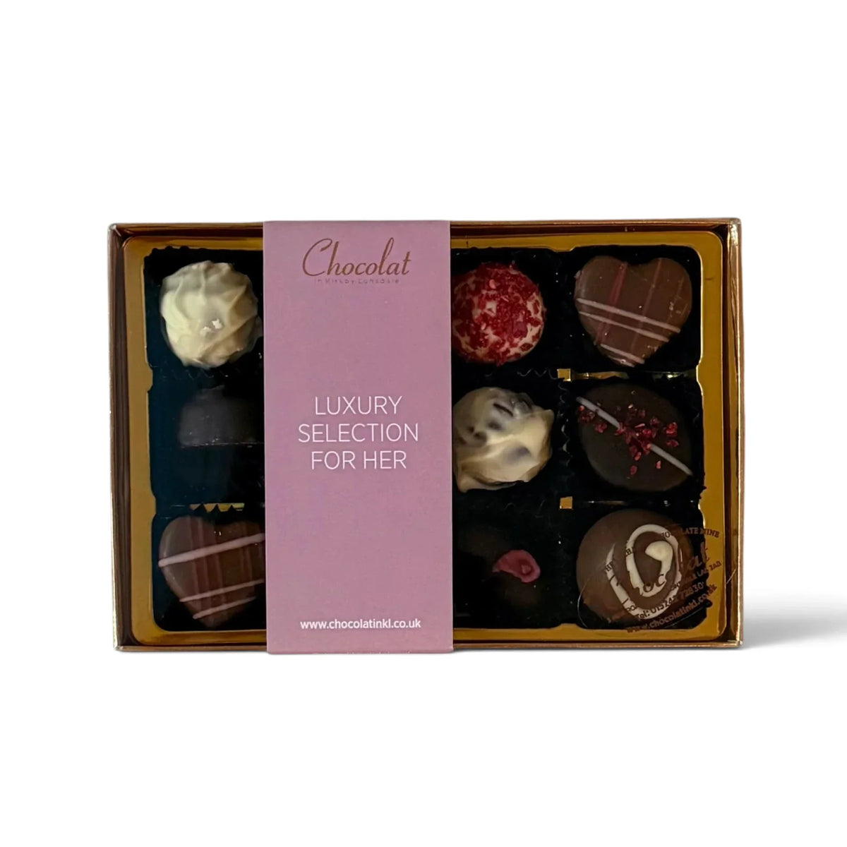 Chocolat in Kirkby Lonsdale Luxury Selection For Her gift box containing 12 assorted handcrafted gourmet chocolates.