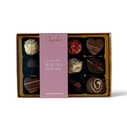 Chocolat in Kirkby Lonsdale Luxury Selection For Her gift box containing 12 assorted handcrafted gourmet chocolates.