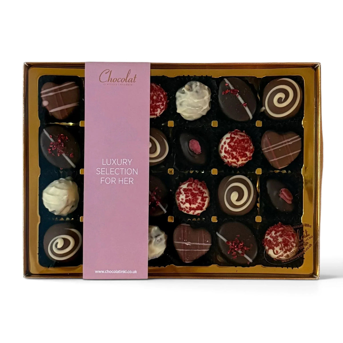 Chocolat in Kirkby Lonsdale Luxury Selection For Her gift box featuring 24 assorted handcrafted gourmet chocolates.