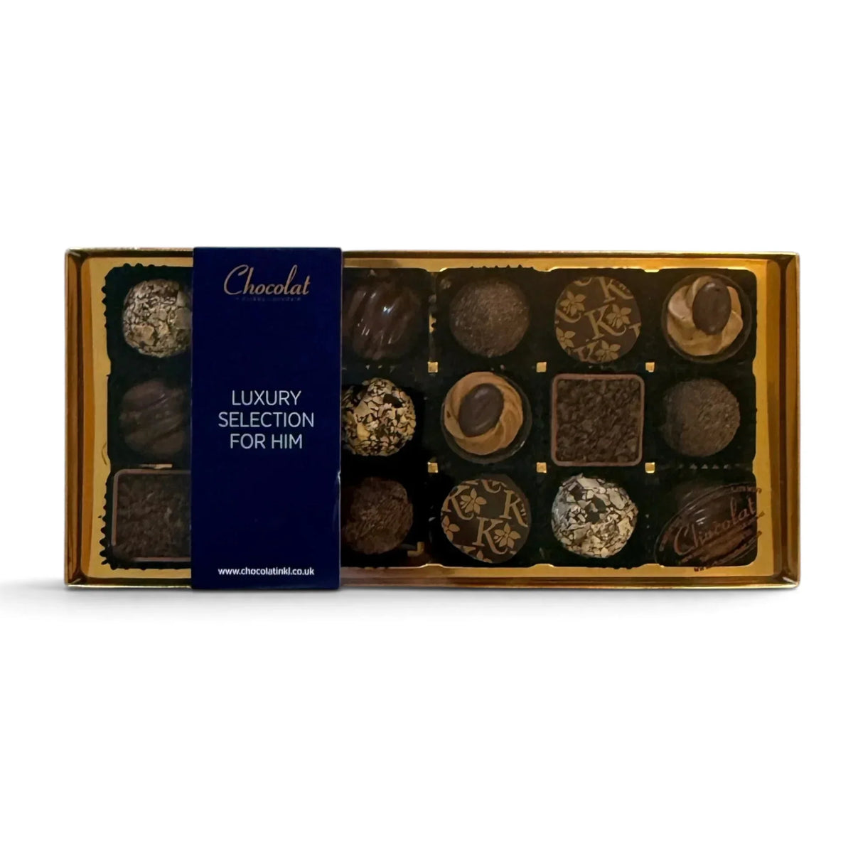 Chocolat in Kirkby Lonsdale Luxury Selection For Him gift box containing 18 assorted handcrafted artisan chocolates.