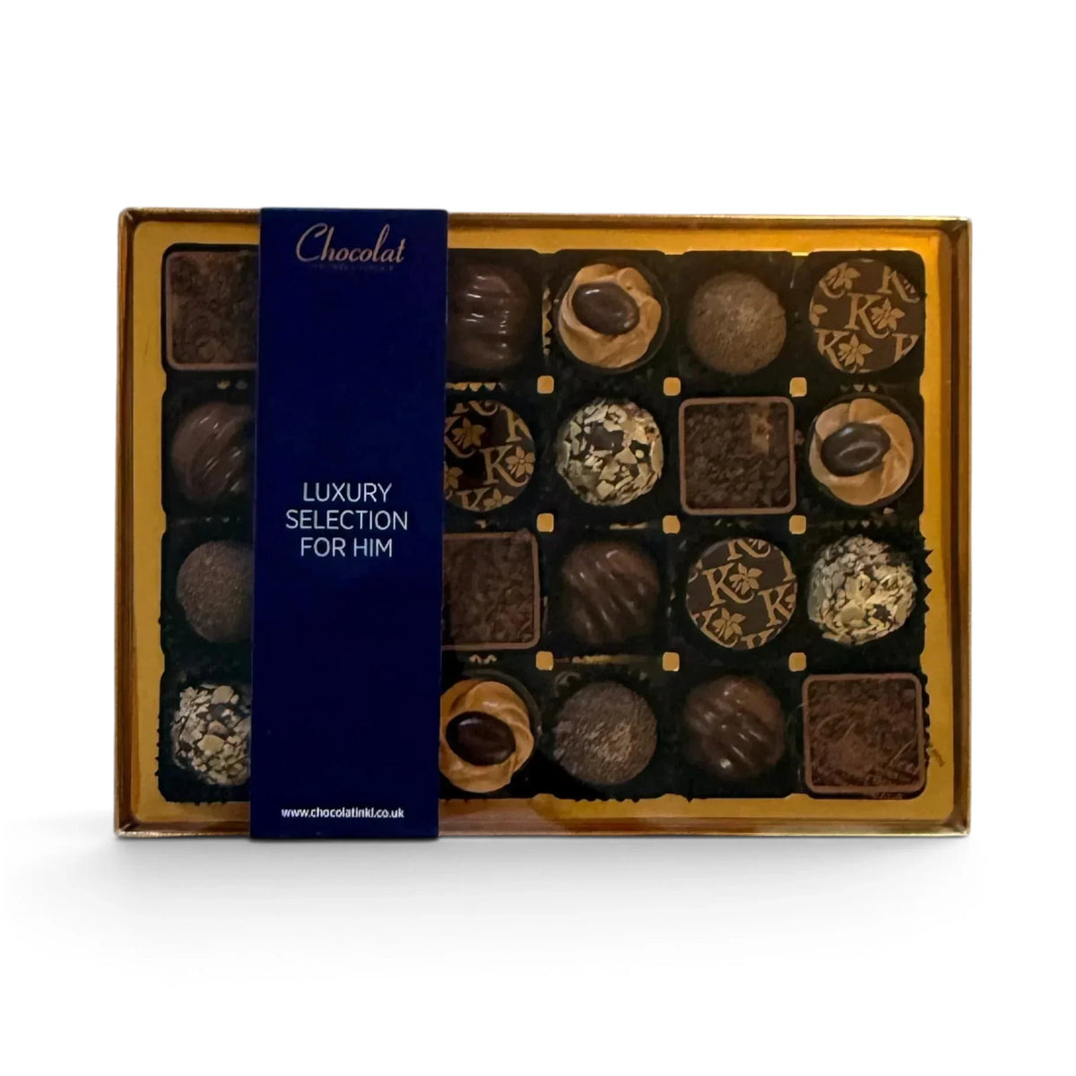 Chocolat in Kirkby Lonsdale Luxury Selection For Him gift box featuring 24 assorted handcrafted gourmet chocolates.