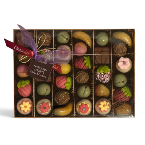 Chocolat in Kirkby Lonsdale large gift box filled with assorted marzipan fruits and chocolate-covered almond pralines.