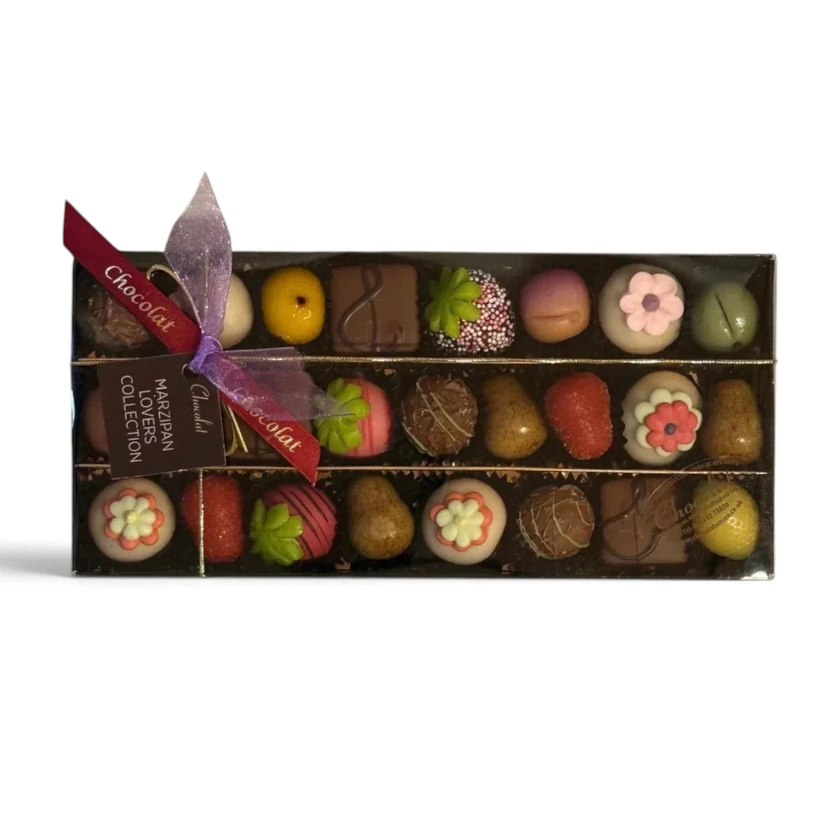 Chocolat in Kirkby Lonsdale marzipan chocolate gift box featuring assorted fruit-shaped and flower-topped treats.
