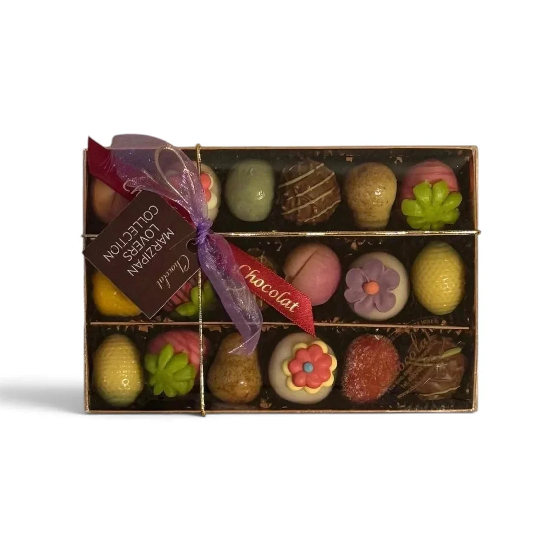Chocolat in Kirkby Lonsdale small gift box featuring assorted fruit-shaped and chocolate-covered marzipan pralines.