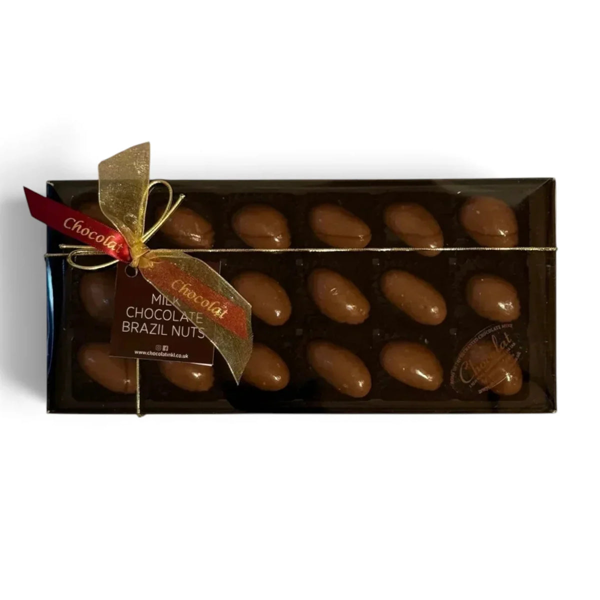 Chocolat in Kirkby Lonsdale gift box of 18 milk chocolate covered Brazil nuts with a decorative gold ribbon