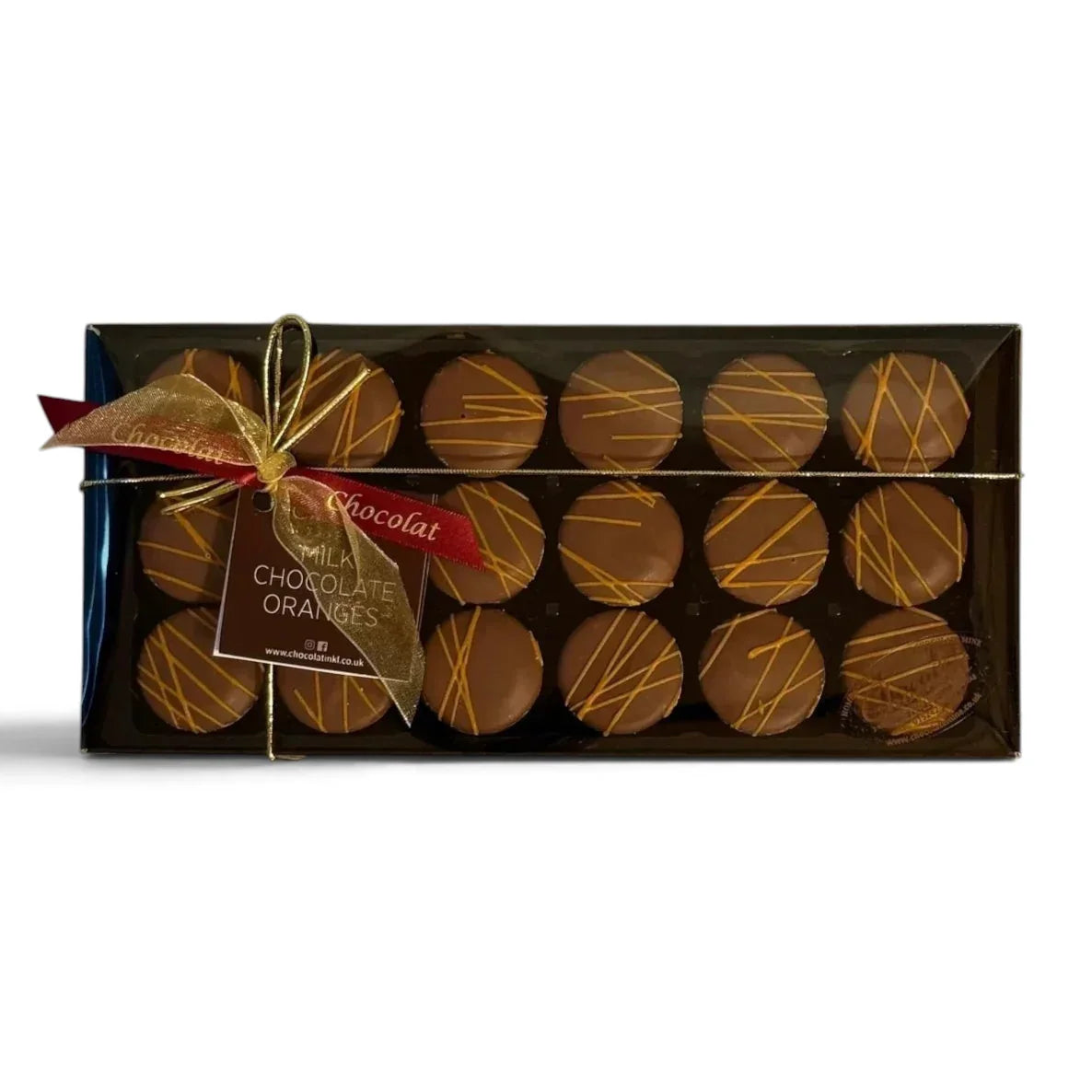 Chocolat in Kirkby Lonsdale gift box of 18 milk chocolate oranges with decorative gold drizzle and ribbon.