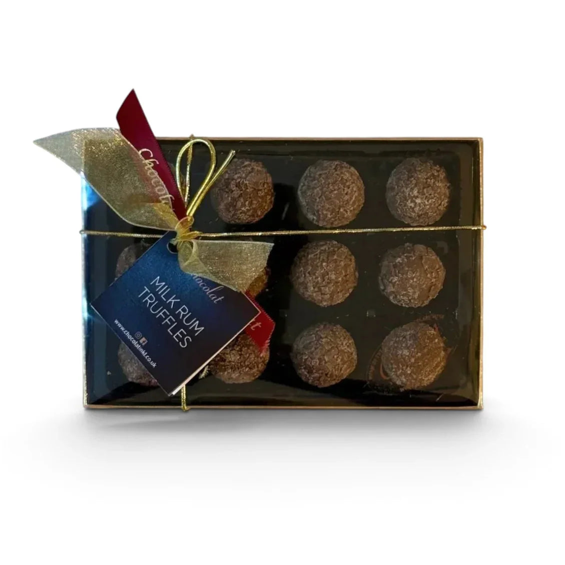 Chocolat in Kirkby Lonsdale gift box of 12 milk chocolate rum truffles with a gold ribbon and branded tag