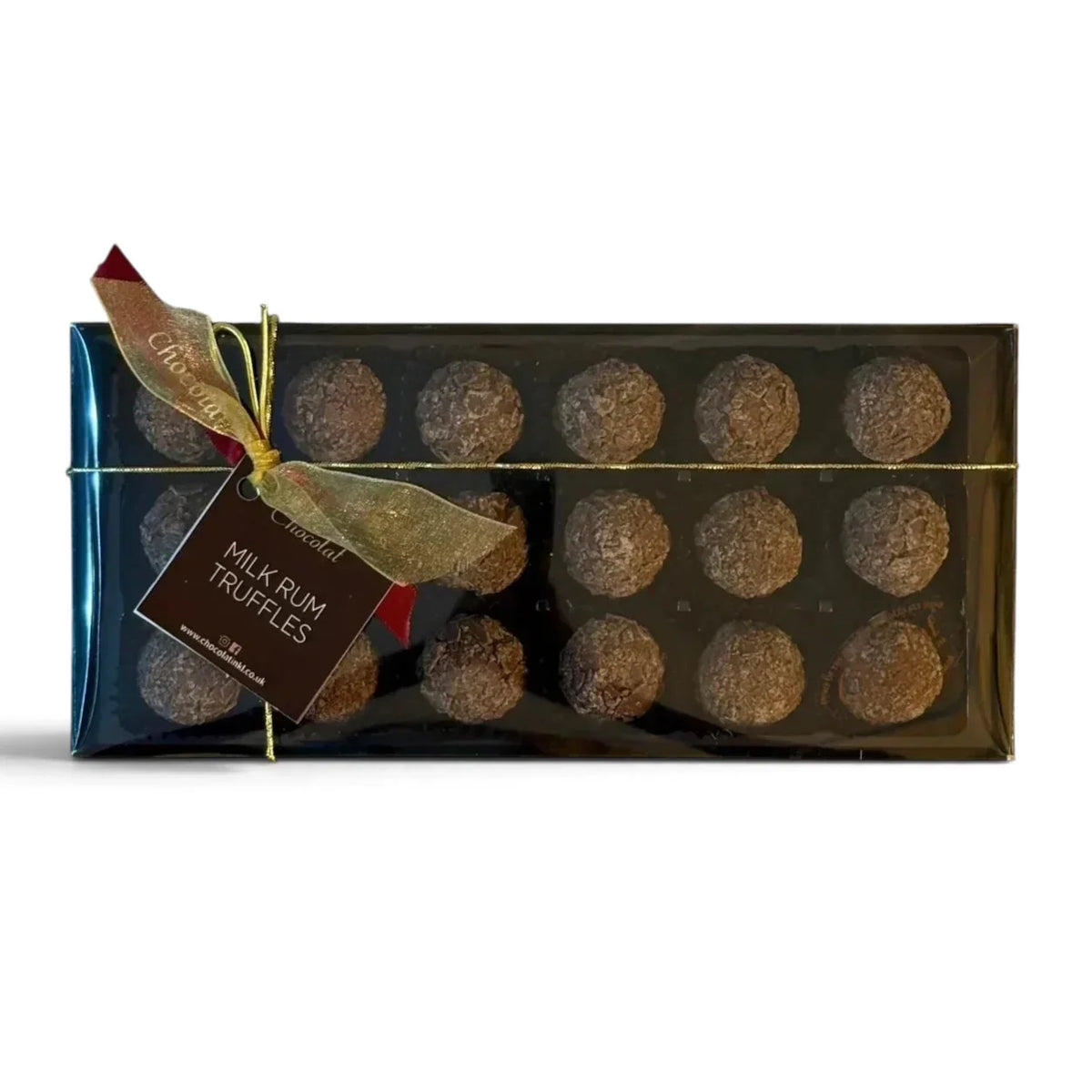 Chocolat in Kirkby Lonsdale gift box of 18 milk chocolate rum truffles with gold ribbon and branded tag