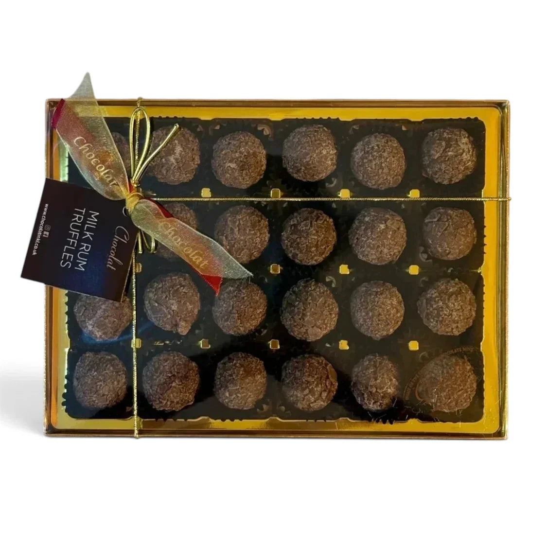 Chocolat in Kirkby Lonsdale gift box of 24 milk chocolate rum truffles with crumbly coating and gold ribbon tie