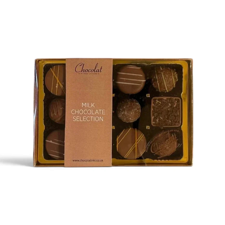 Chocolat in Kirkby Lonsdale milk chocolate gift box containing 12 assorted truffles and squares in a gold tray.