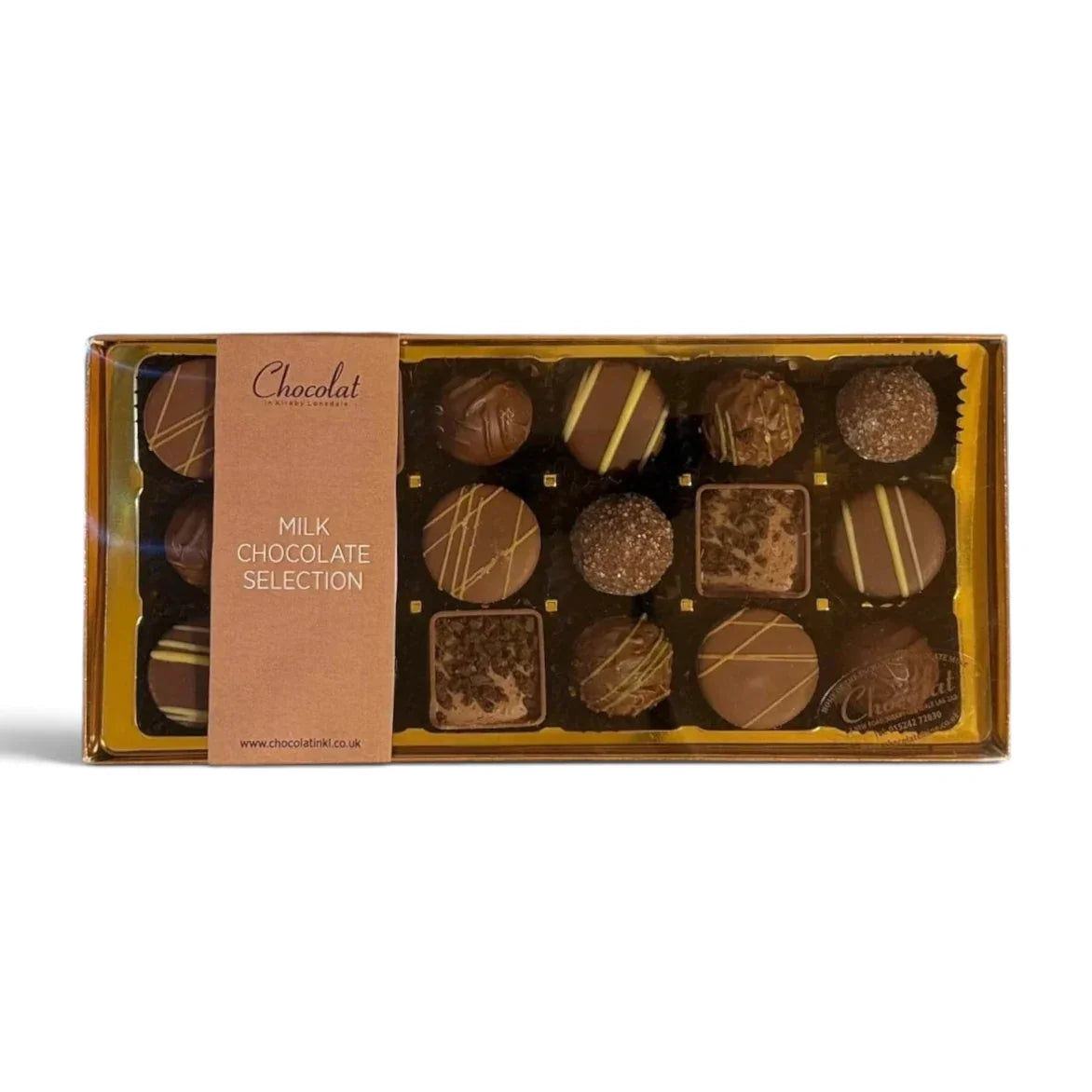 Chocolat in Kirkby Lonsdale milk chocolate gift box containing 18 assorted truffles and squares in a gold tray.