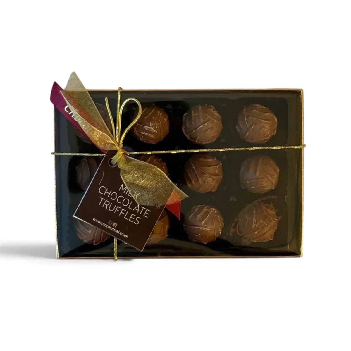 Chocolat in Kirkby Lonsdale gift box of 12 milk chocolate truffles with a gold ribbon and branded tag