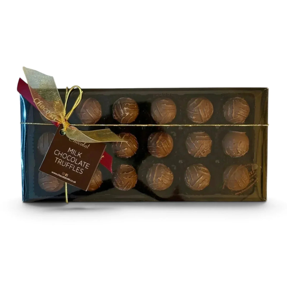 Chocolat in Kirkby Lonsdale gift box of 18 milk chocolate truffles with a gold and burgundy ribbon tie