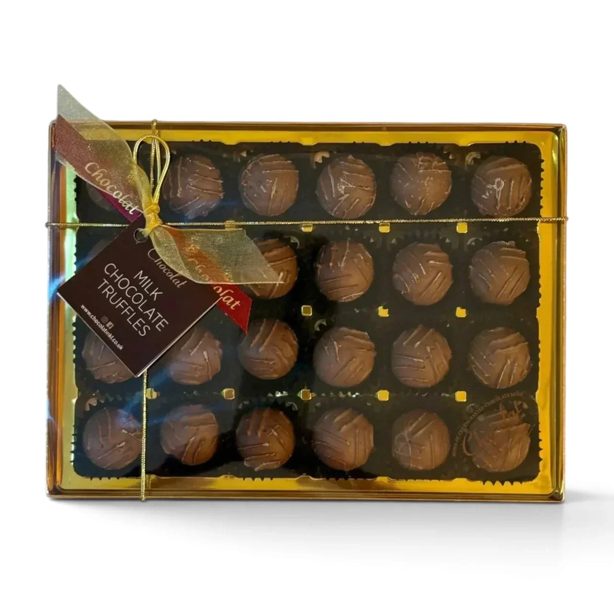 Chocolat in Kirkby Lonsdale gift box of 24 smooth milk chocolate truffles with a decorative gold ribbon