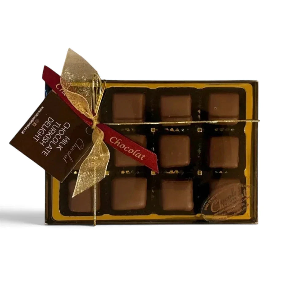 Chocolat in Kirkby Lonsdale gift box of 12 rose-flavoured Turkish delight pieces coated in smooth milk chocolate